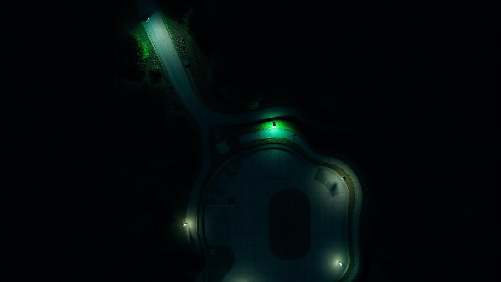 Vedere de sus asupra unui skatepark și a traseelor din pădure